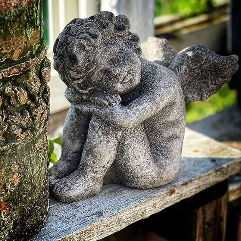 Angel Statue Kneeling Pose Weathered Stone Memorial Garden Decor