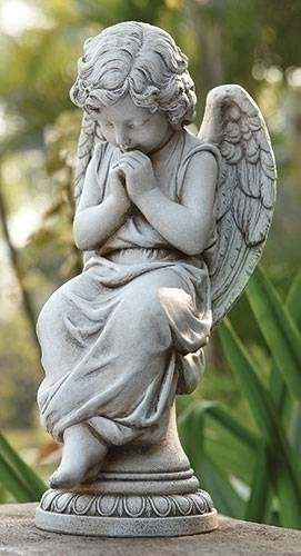 Angel Statue Seated Pose on Square Pedestal Base, Light Gray
