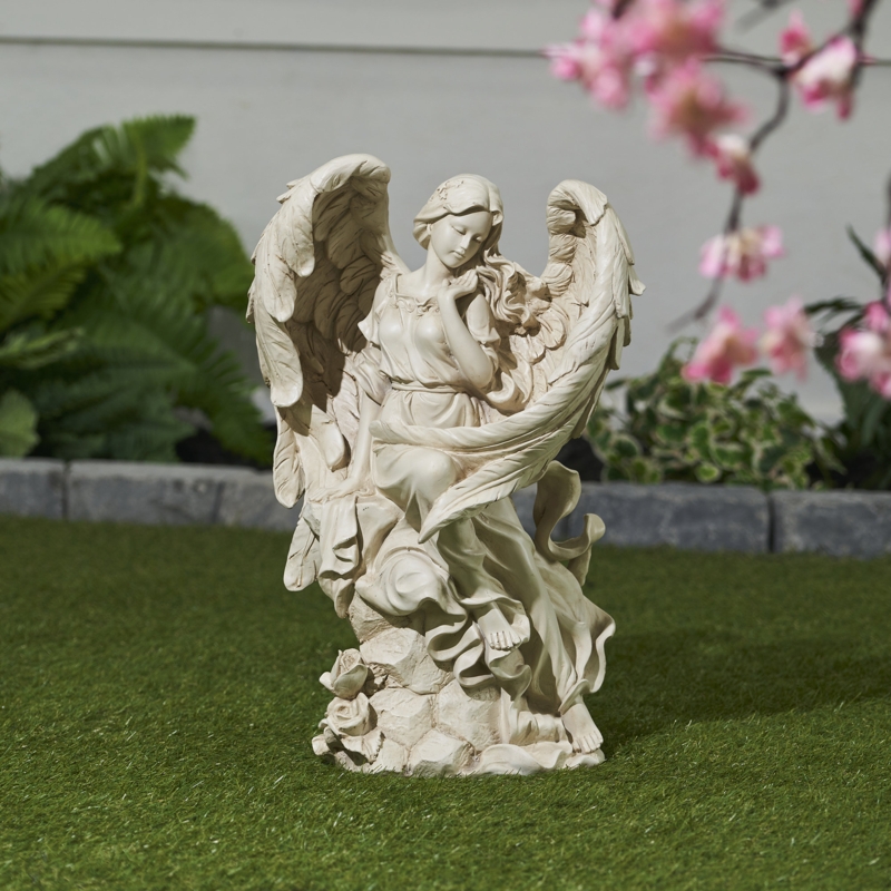 Angel Statue Sitting Pose Feathered Wings Light Gray Weathered Stone