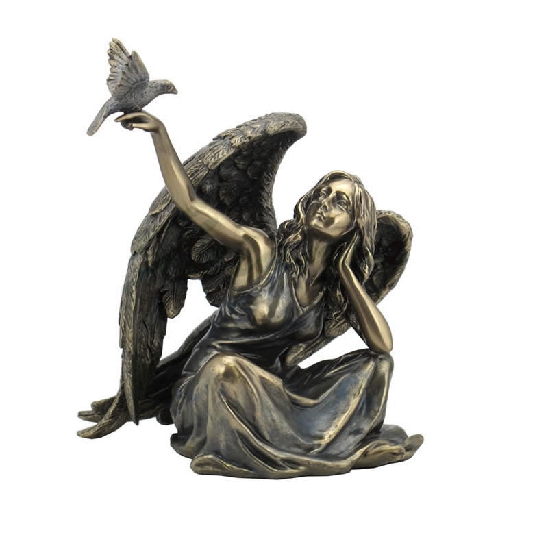 Angel Statue Stone-Like Feathered Wings Draped Robes Bird Detail