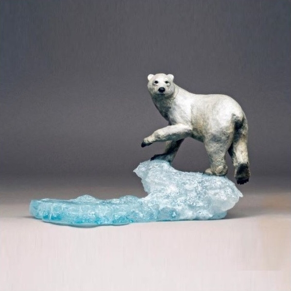 Animal Figurine Bronze Patina Polar Bear Subject Etched Fur Craggy Decor