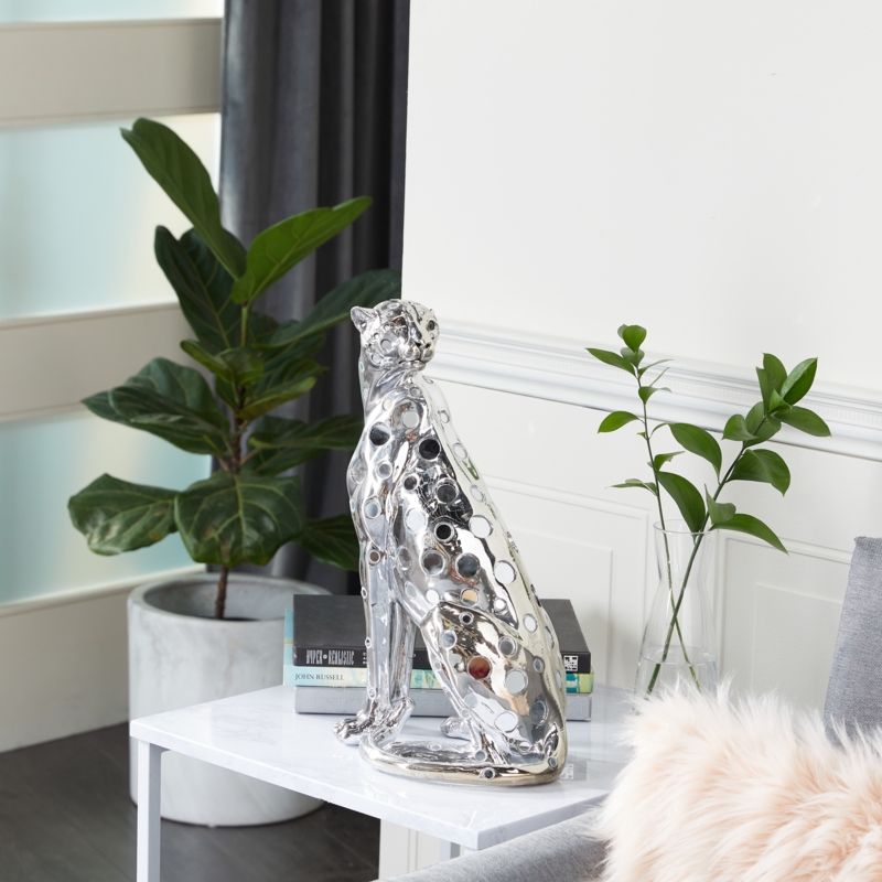 Animal Figurine Leopard Silver Mirrored Spots Polished Accent