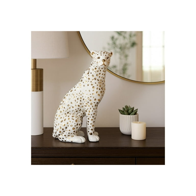 Animal Figurine Leopard Sitting Posture Spotted Pattern White Gold