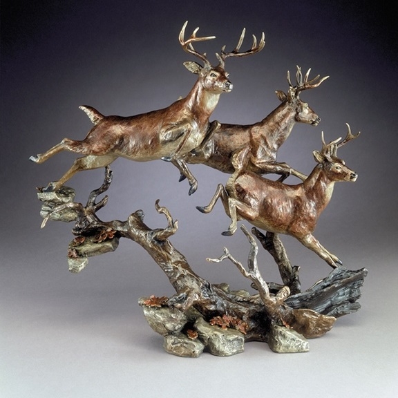 Animal Sculpture Bronze Finish Buck Silhouette Stone Pedestal Standing Pose