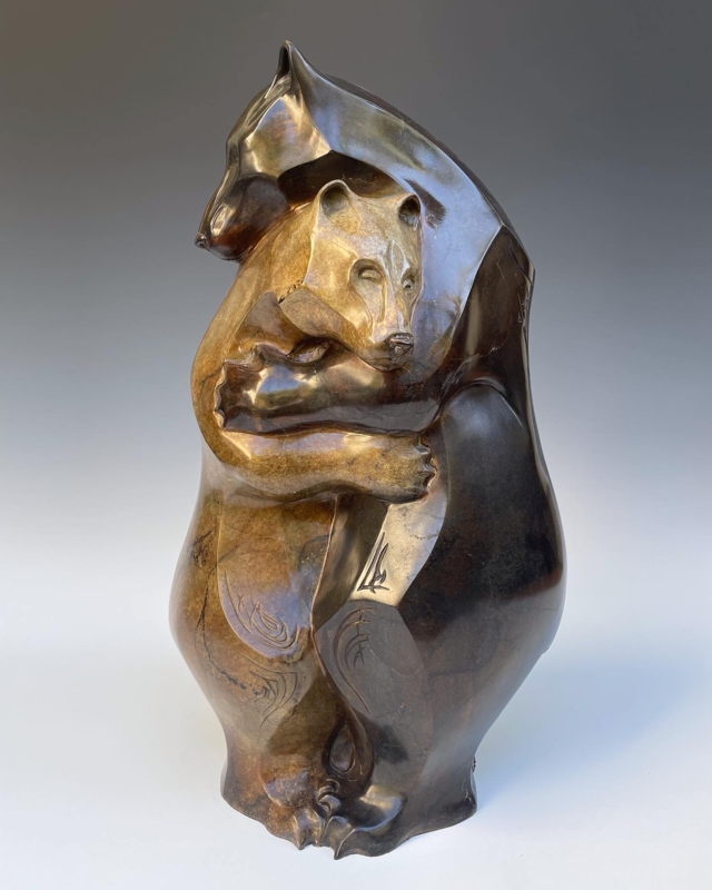 Animal Sculpture Bronze Verdigris Patina Bear Hug Motif Earthy Lodge