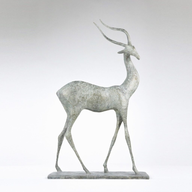 Animal Sculpture: Elongated Legs, Modern Bronze Gazelle Sculpture
