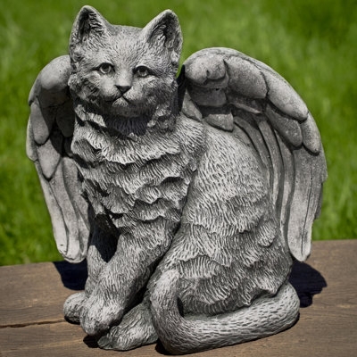 Animal Statue Angel Cat Feathered Wings Gray Whimsical Garden
