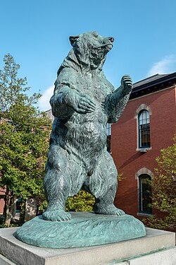 Animal Statue Weathered Bear Figure on Stone Pedestal Outdoor Accent