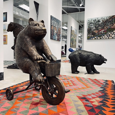 Animal Statue, Whimsical Bear Riding Tricycle, Textured Bronze Finish