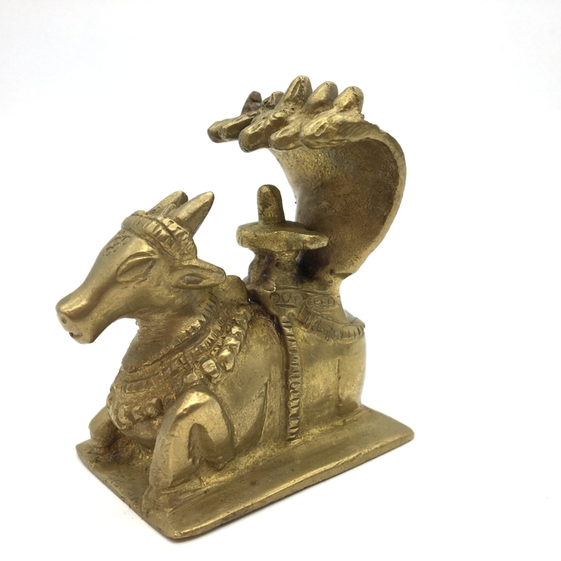 Antique Brass Nandi Statue with Multi-Headed Cobra Canopy & Patina