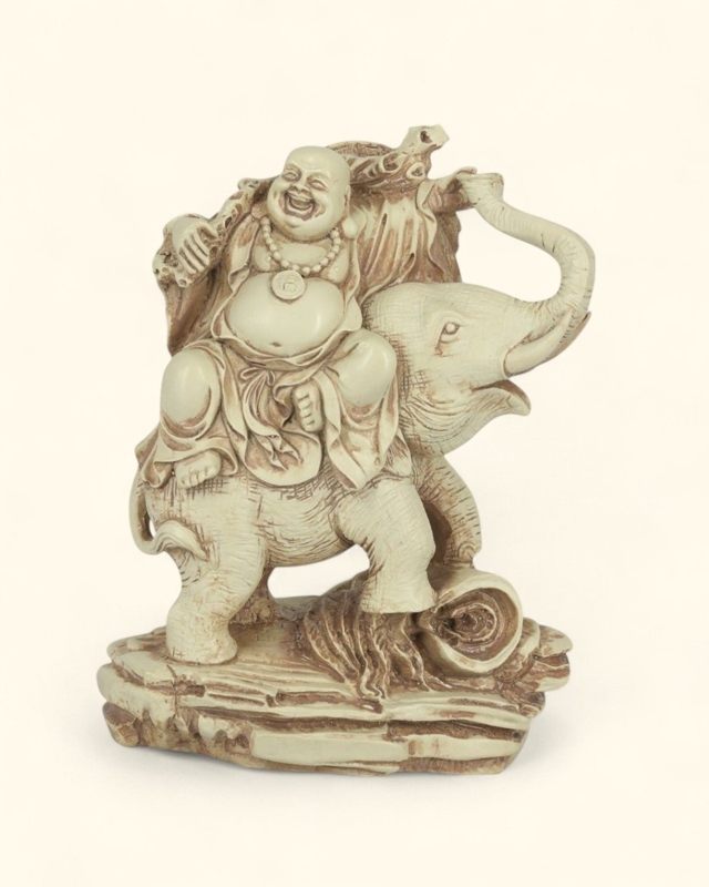 Antique Bronze Buddha on Elephant Statue with Inlay