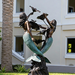 Antique Bronze Mermaid Statue Pair with Weathered Verdigris Patina