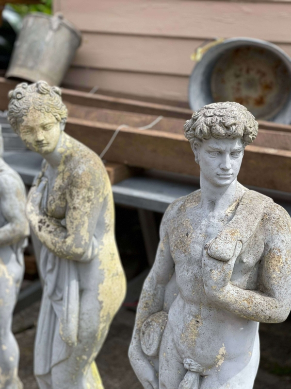 Antique Garden Statue Grouping with Weathered Mossy Patina