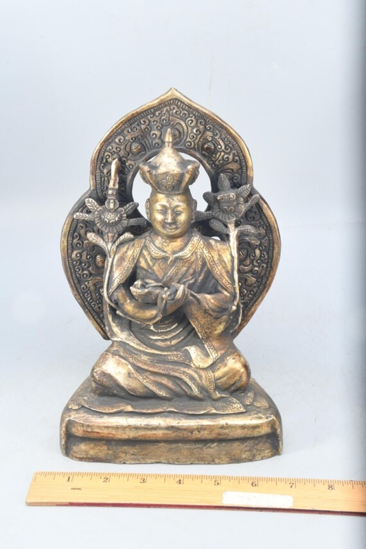 Antique Gold Tibetan Lama Figurine with High-Relief Carved Details