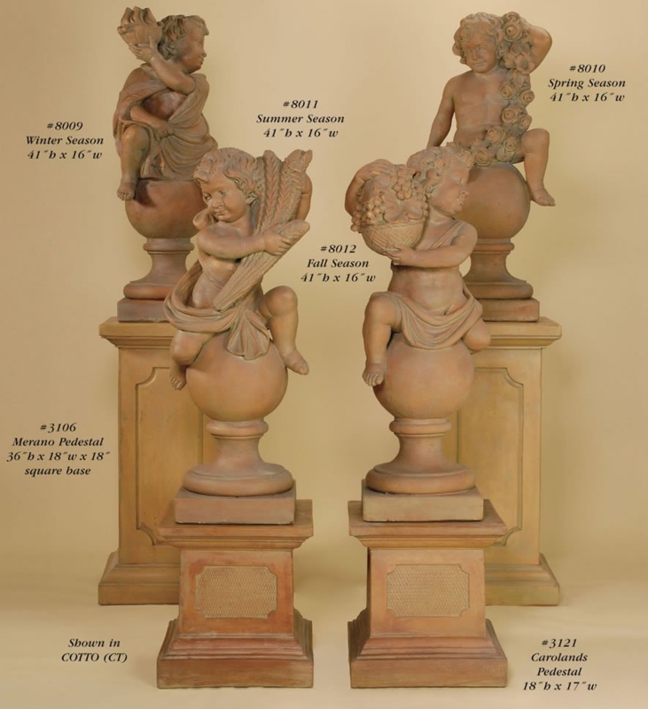 Antique Gray Garden Statue Set with Child Motif on Square Pedestals