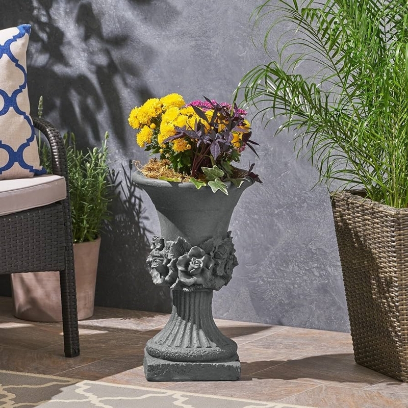 Antique Gray Urn Planter with Acanthus Leaf Motif