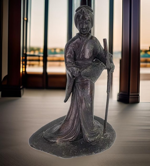 Antique Japanese Bronze Sculpture Geisha with Etched Kimono Patterns