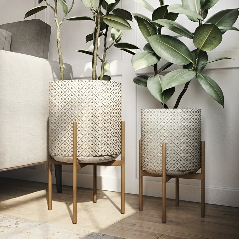 Antique Metal Planters with Embossed Circular Pattern