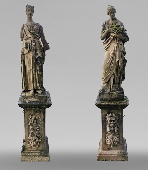 Antique Stone Female Sculptures, Weathered Patina & Classical Drapery