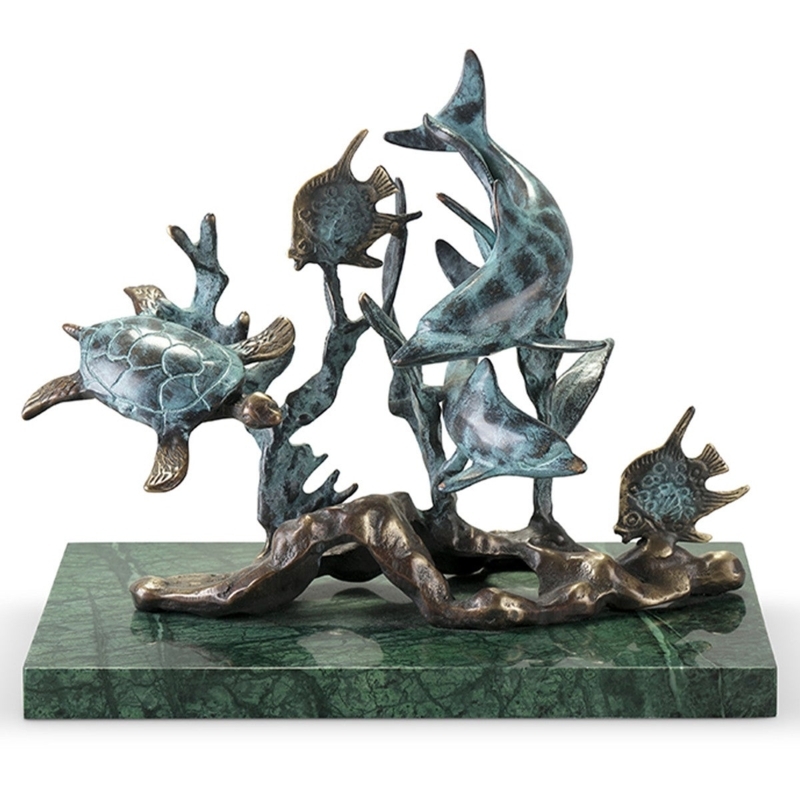 Antique Verdigris Bronze Sea Life Sculpture, Dolphin & Turtle