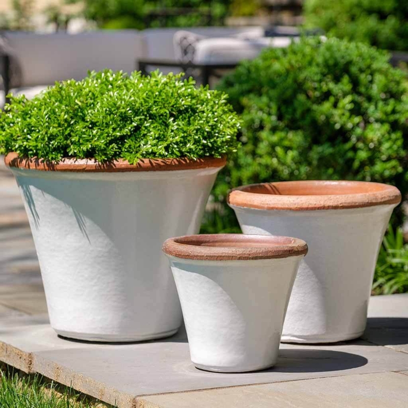 Antique White Glazed Planter Set, Tapered Ribbed Ceramic.