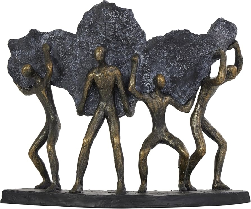 Antiqued Decorative Sculpture with Stacked Figures and Teamwork Theme.