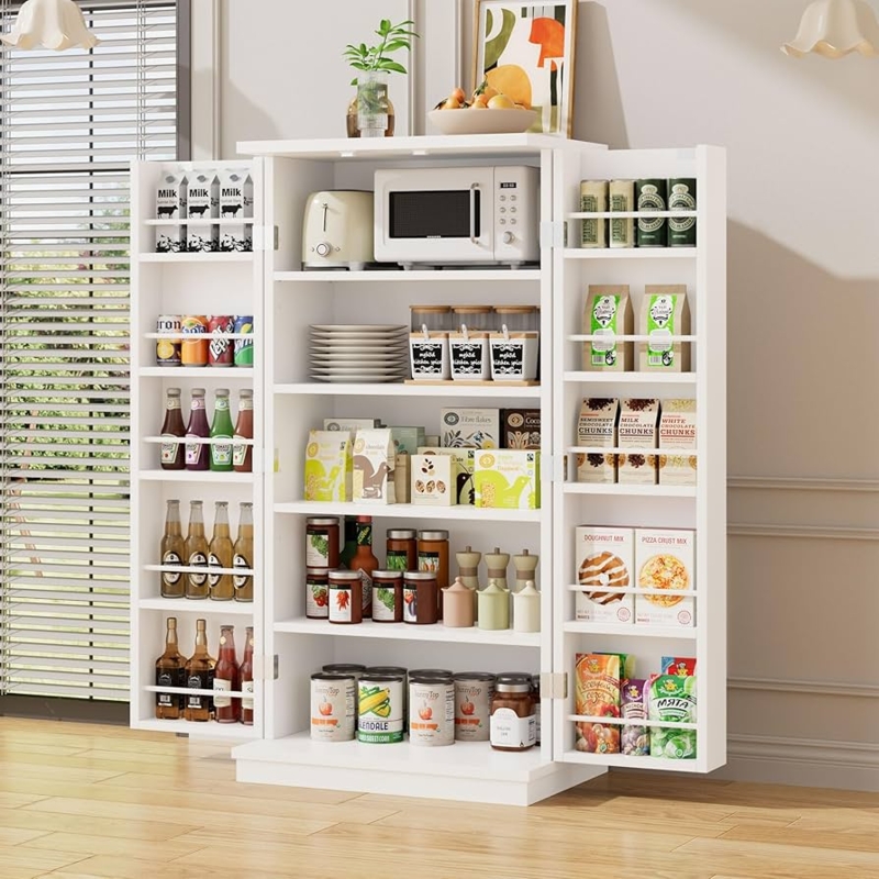 Arched Glass Pantry Cabinet with Gold Hardware and Central Hutch Opening.