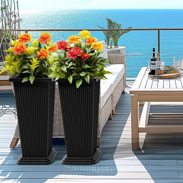Architectural Black Ribbed Tapered Square Planter Extra Tall
