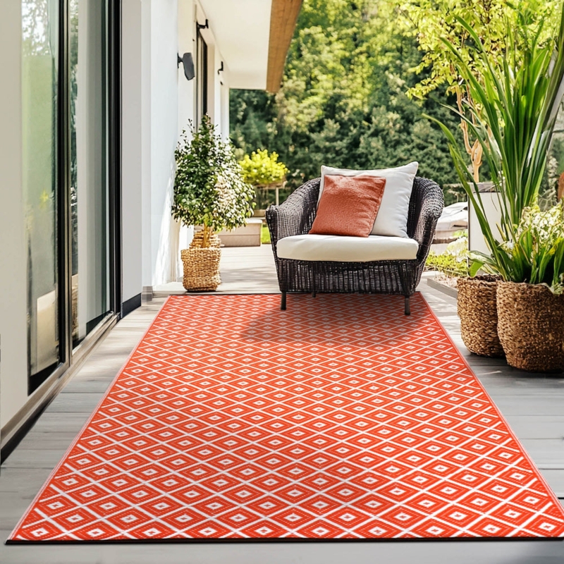 Area Rug: Vibrant Orange Lattice Pattern, Bohemian Flatweave Deck Decor