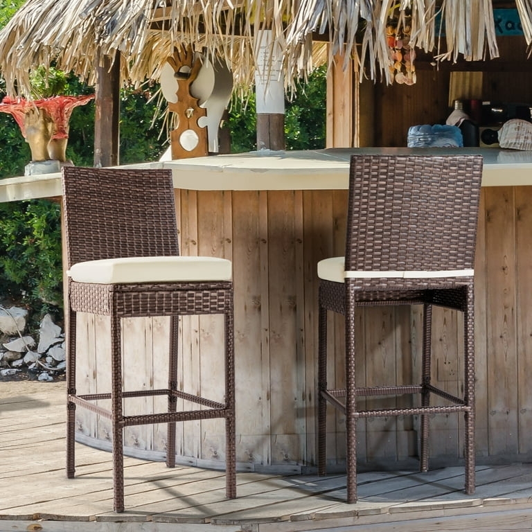 Armless Outdoor Bar Stools with Woven Brown Wicker and Integrated Footrest