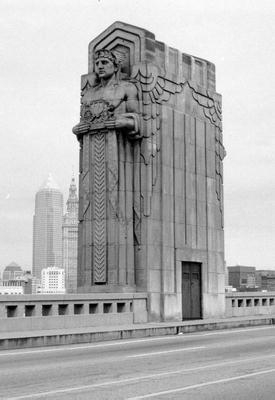 Art Deco Carved Outdoor Sculpture on Stone-Like Pylon