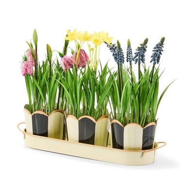 Artificial Floral Arrangement Black White Striped Planter Peach Blooms