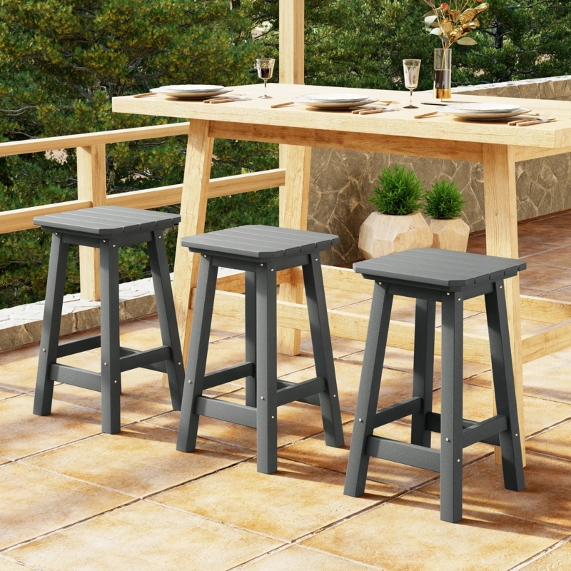 Backless Bar Stool Gray HDPE Slatted Square Seat Modern