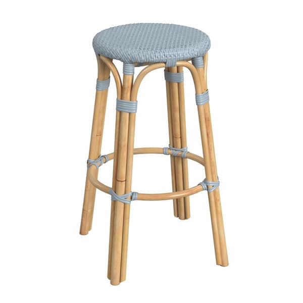 Backless Bar Stool in Baby Blue with Round Woven Rattan Seat