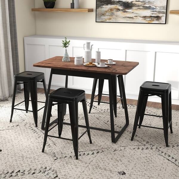 Backless Bar Stool Set of 4 Black Metal Seat Handle