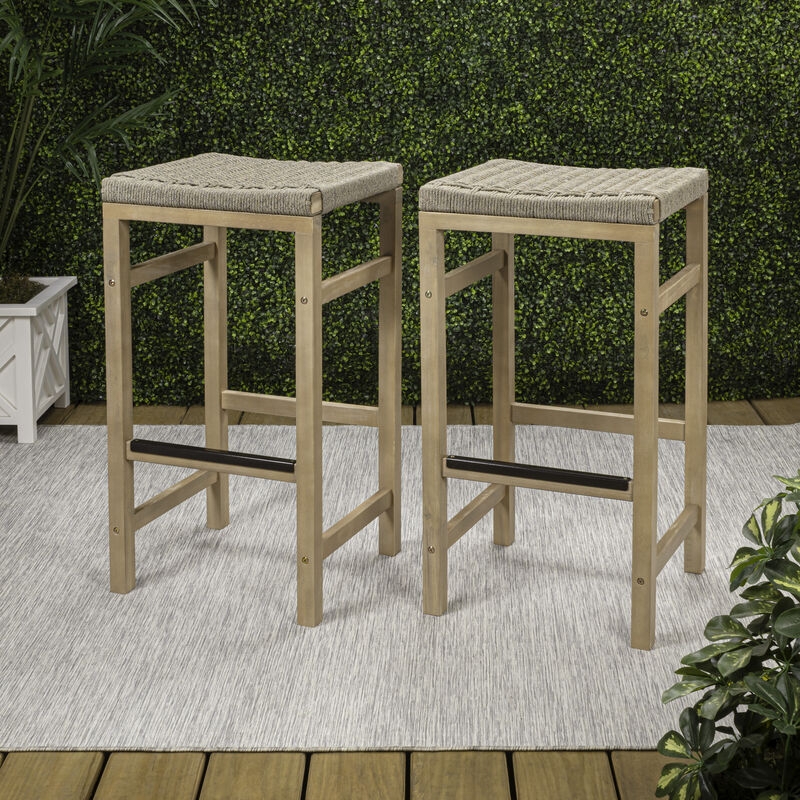 Backless Bar Stools Set with Acacia Frame and Ivory Rope Seat