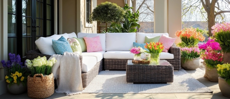Backyard Patio with Fire Pit and Grey Woven Wicker Sectional Seating
