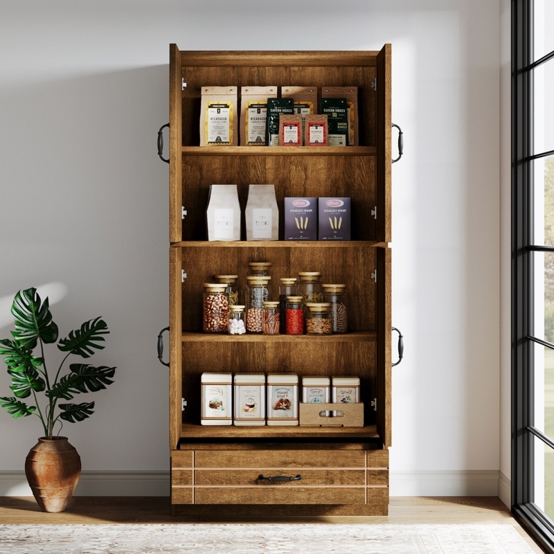 Bakers Rack with Built-In Power Strip and Mesh Doors, Rustic Industrial