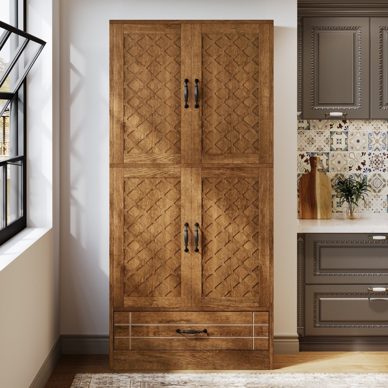 Bakers Rack with Microwave Shelf and Mesh Cabinet Doors in Rustic Brown