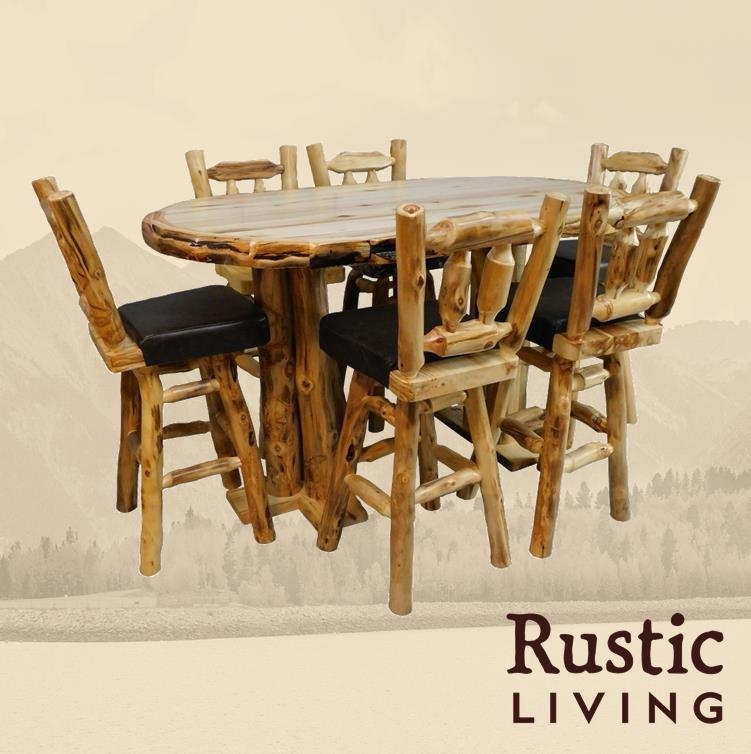 Bar Height Table Rustic Log Base Oval Top Integrated Footrest