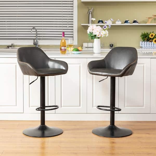 Bar Stool Adjustable Height Gray Leatherette Black Pedestal Base
