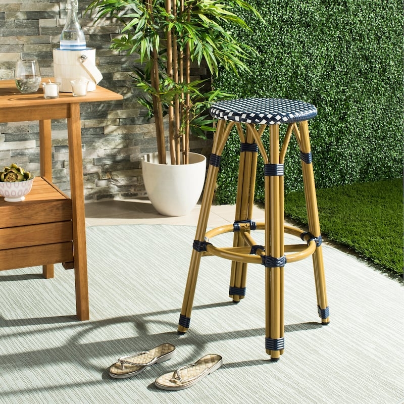 Bar Stool Backless Navy White Diamond Weave with Wrapped Legs Parisian