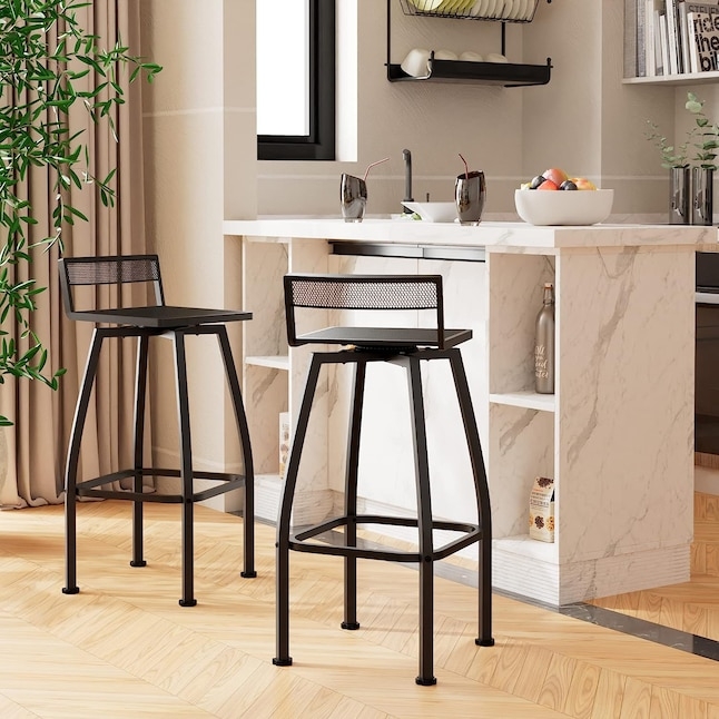 Bar Stool, Black Mesh Seat Swivel Pedestal Barrel Back Minimalist
