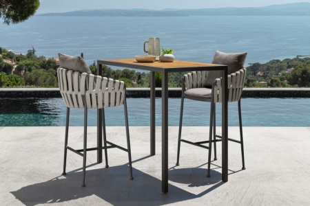 Bar Stool Charcoal Rope Backrest Black Sled Base, Minimalist Patio Stool
