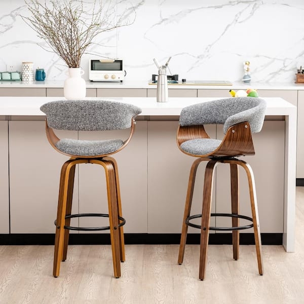 Bar Stool, Curved Walnut Wood Frame, Heathered Grey Fabric Swivel Seat