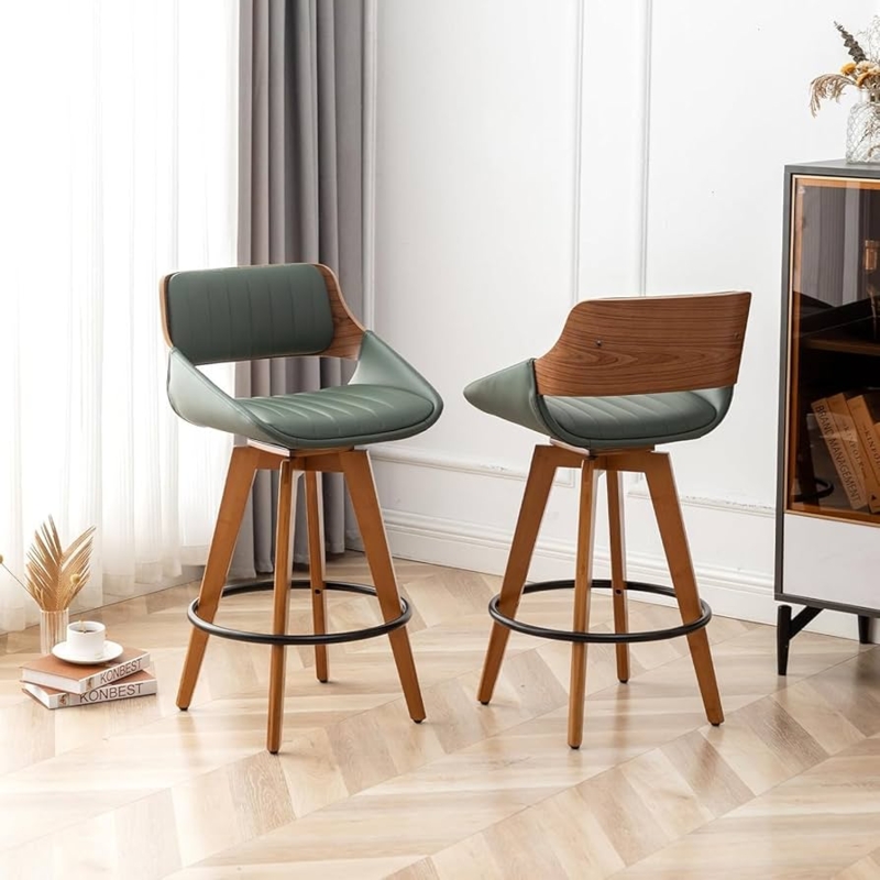 Bar Stool Curved Wood Back Green Upholstery Swivel Seat