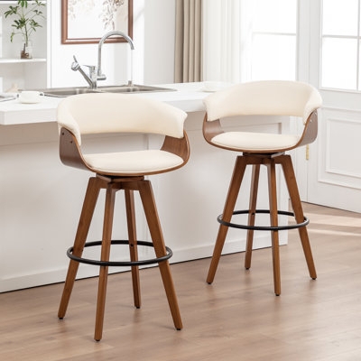 Bar Stool Curved Wood Open Back Swivel Cream Seat Mid-Century