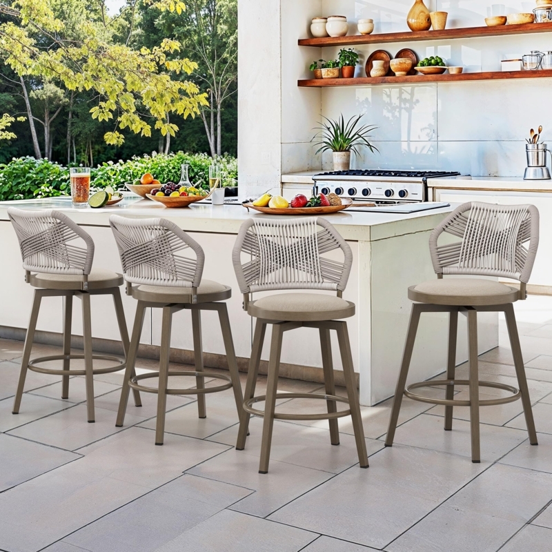 Bar Stool Curved Woven Rope Back Circular Apricot Seat, Patio Seating