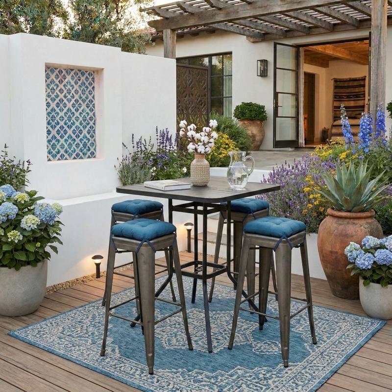 Bar Stool Cushion Pacific Blue Woven Fabric Square Tie Fasteners