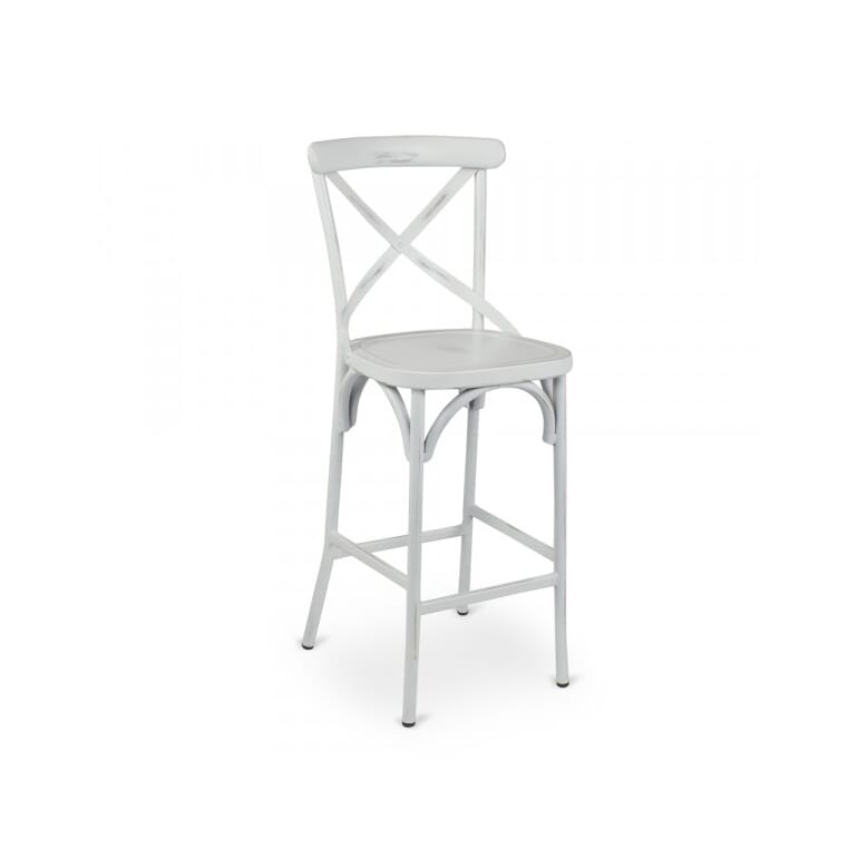 Bar Stool Distressed White Antique Look Cross-Back Metal Frame